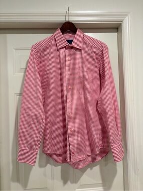 David Donahue Red and White Gingham Button Shirt with Navy Label